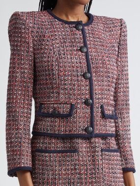 Veronica Beard Red, Navy & White Tweed Cropped Blazer